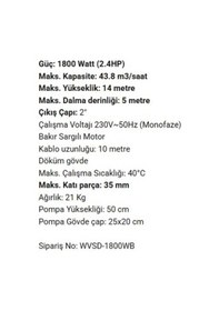 Resim Factor Kirli Su Dalgıç Pompa, Döküm Gövde, 1800 W, 14 M, Wvsd1800wb 