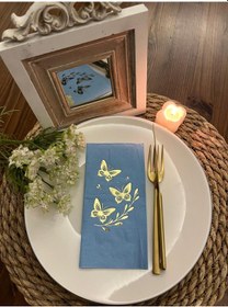 Resim Gold Yaldızlı Mavi Kelebek Yaprak Detaylı Peçete 16 Adet 