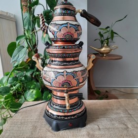 Resim Gül Çiçek Topak Elektrikli Isı Ayarlı Minik Bakır Semaver 