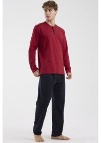 Resim Sementa Düğme Yakalı Rahat Kalıp Pijama Takım - Bordo Bordo 