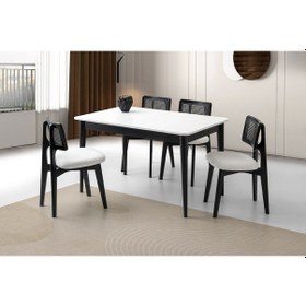 Resim Fidan Beyaz Ahşap Salon Yemek Masa Sandalye Takımı 4 Kuzey Sandalyeli Ortadan Açılır Büyüyen 90x140c Siyah-beyaz 