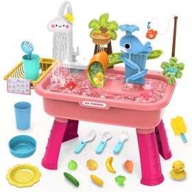 Resim Su Masası - Su Pompası, Akışkan Su Musluğu ve Kum Oyun Masası ile Dış Mekan Duyusal Oyun Masası, Rol Oyun Masası - Pembe/Mavi/Yeşil 