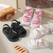 Resim 2025 Yeşil Çevre Koruma İhracatı En Son Kız Sandaletleri Moda Basit Kız Bebek Tatlı Stil Hafif Nefes Alabilen Kalın Taban Aşınma Dirençli Plaj Tatili Kız Sandaletleri Düz Renk PVC Düşük Top Yuvarlak Burun Püskül Tasarımı Mikrofiber Taban Günlük Rahat Dış Mekan Tatili Sandaletleri 