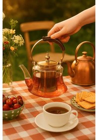 Resim Ahşap Saplı Isıya Dayanıklı Borosilikat Amber Cam Demlik 1200 Ml Süzgeçli Cam Demlik Amber 