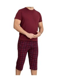Resim Guava Erkek Bisiklet Yaka 3 Düğmeli Ekose Desen Modal Kısa Kol Cepli Kapri Pijama Takımı Desenli Çok Renkli 