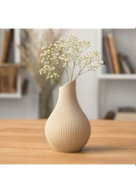 Resim Modern Çizgili Dekoratif Vazo Açık Krem 