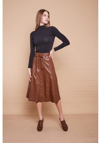 Resim Ekolojik Suni Deri Yüksek Bel Cepli Uzun Diz Altı Kiloş Etek-Taba 