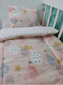 Resim Bebek Özel Pamuklu Çocuk 70x160 Beşik Yastık Çarşaf Yorgan Somon Ay Bulut Pembe Yıldızlı (Yorganlı) 