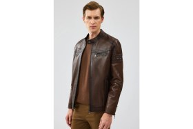 Resim Derimod Kawhi Erkek Kahverengi Slim-Fit Armalı Deri Mont 20SGD6351BT 
