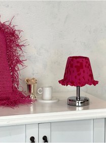 Resim Pembe Desen Kumaş Gümüş Ayaklı Kablosuz Gece Masa Lambası 