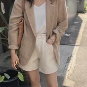 Resim Kadınların Zarif Rahat Düz Renk Blazer - Hafif Notch Lapel Ceket, Fonksiyonel Cep Detaylı, Bej Polyester, Bahar Yaz Sonbahar için, Ofis ve Rahat Giyim için Çok Yönlü, Mevsimsel Moda, Yapılandırılmış Tasarım 