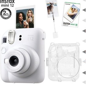 Resim Fujifilm Instax Mini 12 Fotoğraf Makinesi + 10'lu Film + Kıskaçlı Resim Standı + Simli Pleksi Kılıf Seti Beyaz 
