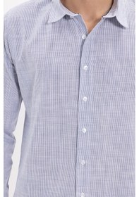 Resim Tudors Erkek Slim Fit Dar Kesim %100 Pamuk Çizgili Uzun Kollu Keten Efektli Lacivert Gömlek-46296 