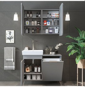 Resim Dubai Sepetli Mdflam Banyo Dolabı, Lavabolu Banyo Alt Dolabı + Aynalı Banyo Üst Dolabı Takımı Kül Gri 