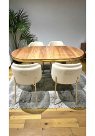 Resim Msy Home 4 Kişilik Aura Gold Serisi Ceviz Lake Oval Yemek Masası Ve Puffy Krem Sandalye Takımı Modern Krem 