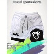 Resim Erkekler için Hızlı Kuruyan Atletik Şortlar - UFC Yazılı & Yılan Grafikli Spor Salonu Şortları, Elastik Bel İpi, Nem Emici Antrenman Şortları MMA, Koşu, Basketbol, Eğitim İçin - Kırmızı/Siyah Renk Şeması, Nefes Alabilen Kumaş 