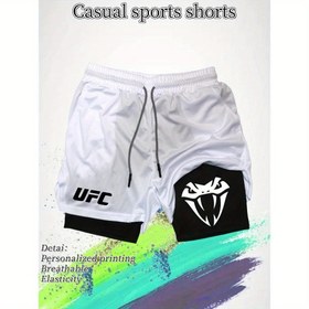 Resim Erkekler için Hızlı Kuruyan Atletik Şortlar - UFC Yazılı & Yılan Grafikli Spor Salonu Şortları, Elastik Bel İpi, Nem Emici Antrenman Şortları MMA, Koşu, Basketbol, Eğitim İçin - Kırmızı/Siyah Renk Şeması, Nefes Alabilen Kumaş 