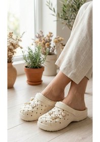 Resim Kadın Bahçe Plaj Hemşire Terliği - Hasır Görünümlü, Aksesuarlı, Hafif Ve Kaymaz Yazlık Model Krem 