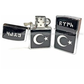 Resim Türk Bayrağı Göktürkçe Ftnh Türk Gümüş Renk Benzinli Çakmak 