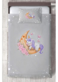 Resim Mekta Home Bebek Ve Çocuk Odası Aya Sarılan Unicorn Desenli Gri Yatak Örtüsü Renkli 