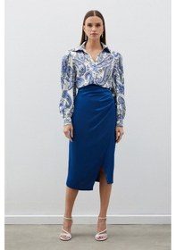 Resim Sateen Düğme Aksesuarlı Saten Krep Etek - İndigo 