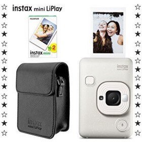 Resim Fujifilm Instax Mini LiPlay Hybrid Misty White Fotoğraf Makinesi 20'li Film ve Deri Kılıf Hediye Seti 