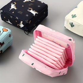 Resim 1 adet Sevimli Hijyenik Ped Saklama Çantası, Taşınabilir Büyük Kapasiteli Düzenleyici, Küçük Eşya Kesesi, Bozuk Para Cüzdanı, Kozmetik Ruj Tutucu, Baskılı Desenli Sanat Malzemeleri 