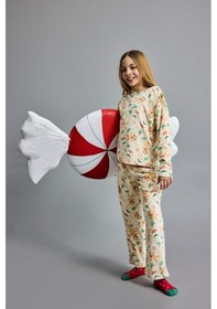 Resim Defacto Kız Çocuk Yılbaşı Temalı Pijama Takımı Kadife Uzun Kollu Üst Uzun Alt F1210a825aubg358 Bej-bg358 