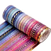 Resim 20 Rulo İnce Mor Washi Bant, 5mm Altın Varaklı İnce Washi Bant Seti, Bullet Journal, Scrapbook, Hediye Paketleme, DIY El Sanatları İçin Sevimli Yıldız Washi Bant 