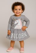 Resim Mika Bebek & Çocuk Unicorn Desenli Kız Çocuk Gri Yazlık Elbise 