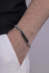 Resim Gümüş Pazarım Siyah Taşlı Gurmet Zincir Plaka Model Erkek Çelik Bileklik Çok Renkli 