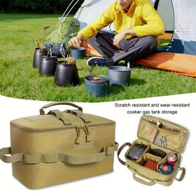 Resim Dayanıklı Kahverengi Kamp Depolama Çantası Omuz Askılı - Mutfak Eşyaları, Mutfak Araçları ve Aksesuarlar için Çoklu Bölümlü Organizatör - Açık Hava Maceraları ve Aile Piknikleri, Kamp Ekipmanları için İdeal 