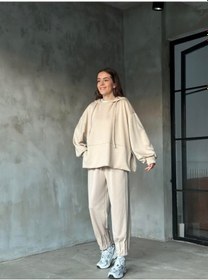 Resim Mamayaga Kadın Oversize Fermuarlı Kapüşonlu Sweatshirt Pileli Paça Tesettüre Uygun Spor Şık Eşofman Takımı Bej 