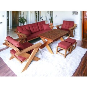 Resim Berlin Masif Ahşap Koltuk Kestane Ağacı3+1+1+masa+puf Takımı B Kt Kırmızı 