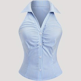 Resim Kadın Mavi Çizgili Kolsuz Bluz - Açık Yaka Düğme Önü Dar Kesim Rahat Şık Gömlek İlkbahar ve Yaz için, Makinede Yıkanabilir, Yaz Modası Üst | Minimalist Tasarım | Pürüzsüz Dokulu Kumaş 