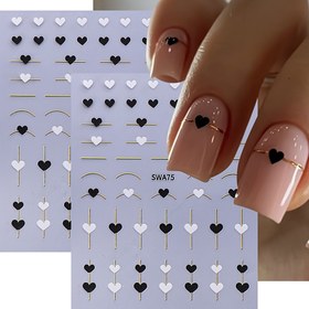 Resim 2 Adet Altın Çizgili Tırnak Stickerları 3D Aşk Kalp Siyah Beyaz Sevgililer Günü Tırnak Sanatı Çıkartmaları DIY Manikür Tırnak Süslemeleri için 