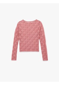 Resim Koton Transparan Uzun Kollu Bisiklet Yaka Çiçekli Dantelli Bluz Pembe 6wak80133ek Gül 