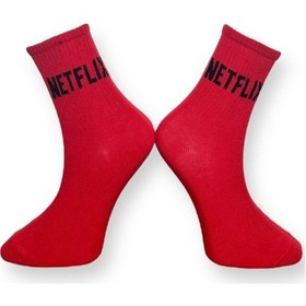 Resim Me-vo Tekli Kırmızı Renkli Unisex Esnek Nem Alabilen Pamuklu Netflix Yazılı Soket Çorap Kırmızı 