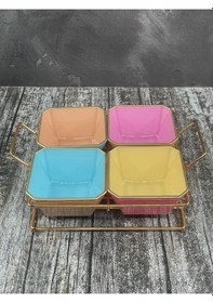 Resim 4 Bölmeli Gold Standlı Cam Kahvaltılık Çerezlik Sunumluk Renkli Çok Renkli 