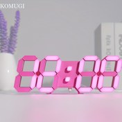 Resim Oda dekorasyonu için tasarlanmış, 9,7 inç dijital ekrana sahip pembe LED saatin bir parçası. Bu modern duvar ve masa saati, uzaktan kumanda, karartma seçenekleri, 12/24 saat formatı, tarih ve sıcaklık özellikleriyle donatılmış, oturma odası ve yatak odası için estetik bir başucu masa saati görevi görür. KOMUGI markalı. 