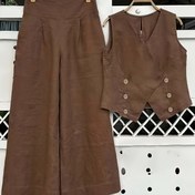 Resim Kadınların Şık İki Parçalı İş Giyim Seti - Kolsuz V Yaka Üst ve Geniş Bacaklı Pantolon, Kahverengi Polyester Karışımı, Bahar/Yaz için Rahat ve Şık, Rahat Kıyafet|V Yaka Üst|Polyester Karışımı 
