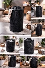 Resim Lüx Leopar Desenli Kumaş Büzgülü Katlanır Kirli Çamaşır Sepeti Dolap Içi Çocuk Oyuncak Sepeti 35x35x50 Siyah 