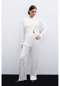 Resim Sateen Jakarlı Saten Pantolon - Ekru-136050 Ekru 
