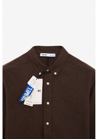 Resim Grimelange Perttu Erkek %100 Pamuk Slim Fit Dar Kesim Düğmeli Yaka Keten Görünümlü Flamlı Acı Kahve Gömlek 