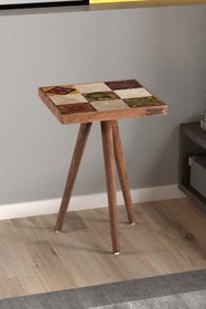 Resim Resmo Treverten Taşlı Doğal Ağaç 32x32cm Ceviz Dekoratif Yan Sehpa Mobilya 