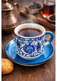 Resim El Yapımı Çini Desenli Tabaklı Kupa / Çay & Filtre Kahve Fincanı - Mavi 