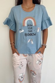 Resim misigo Kedi-gökkuşağı Desenli Ve Baskılı "draw Your Own Rainbow" Pijama Takımı Mavi 