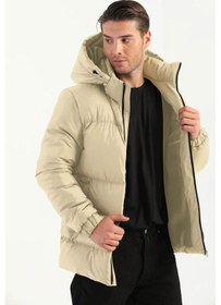 Resim İçi Astarlı Su Ve Rüzgar Geçirmez Cepli Kapüşonlu Erkek Mont Taş 