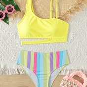 Resim Kızlar için 2 parça Mayo Seti, Sevimli Gökkuşağı Çizgili Askılı Sırt Üstü ve Dar Alt, Örgü Kumaş, Çıkarılabilir Göğüs Dolgusu, Orta Esneklik, Polyester %82, Elastane %18, Gençler için - Yaz Lash Setleri 
