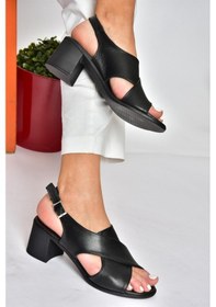 Resim Fox Shoes P555450503 Siyah Hakiki Deri Kalın Topuklu Kadın Ayakkabı 